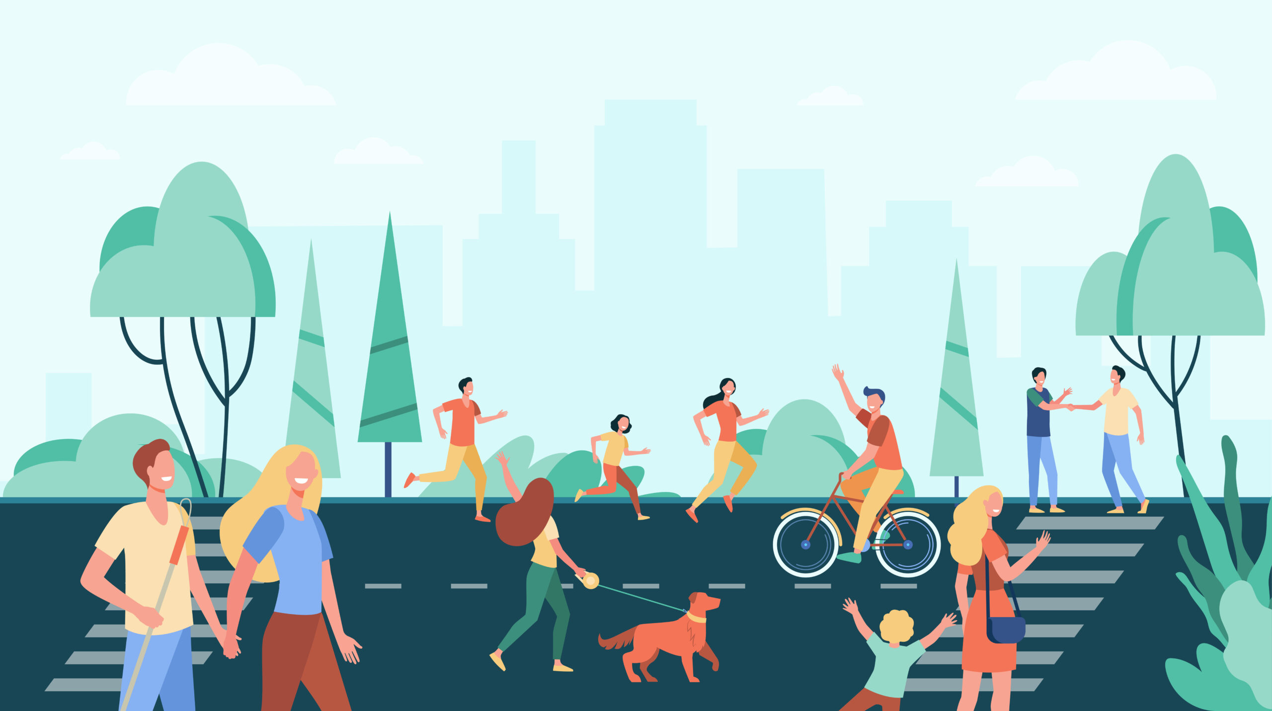 Crowd of people practicing activities and enjoying leisure on street near city park. Man, woman, kind walking dog, cycling, jogging. Vector illustration for active lifestyle, sport, town concept 